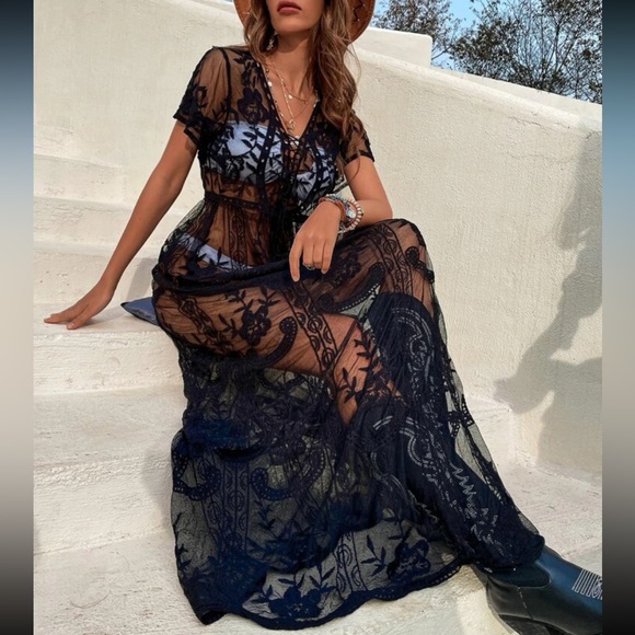 Other - Black Boho Floral Lace Sheer Mesh Cover Up One Size